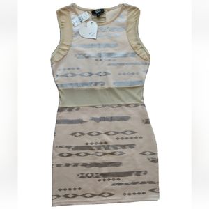LF Mini Dress Sheer Panels Nude Silver Paper Heart Tribal Bodycon Club